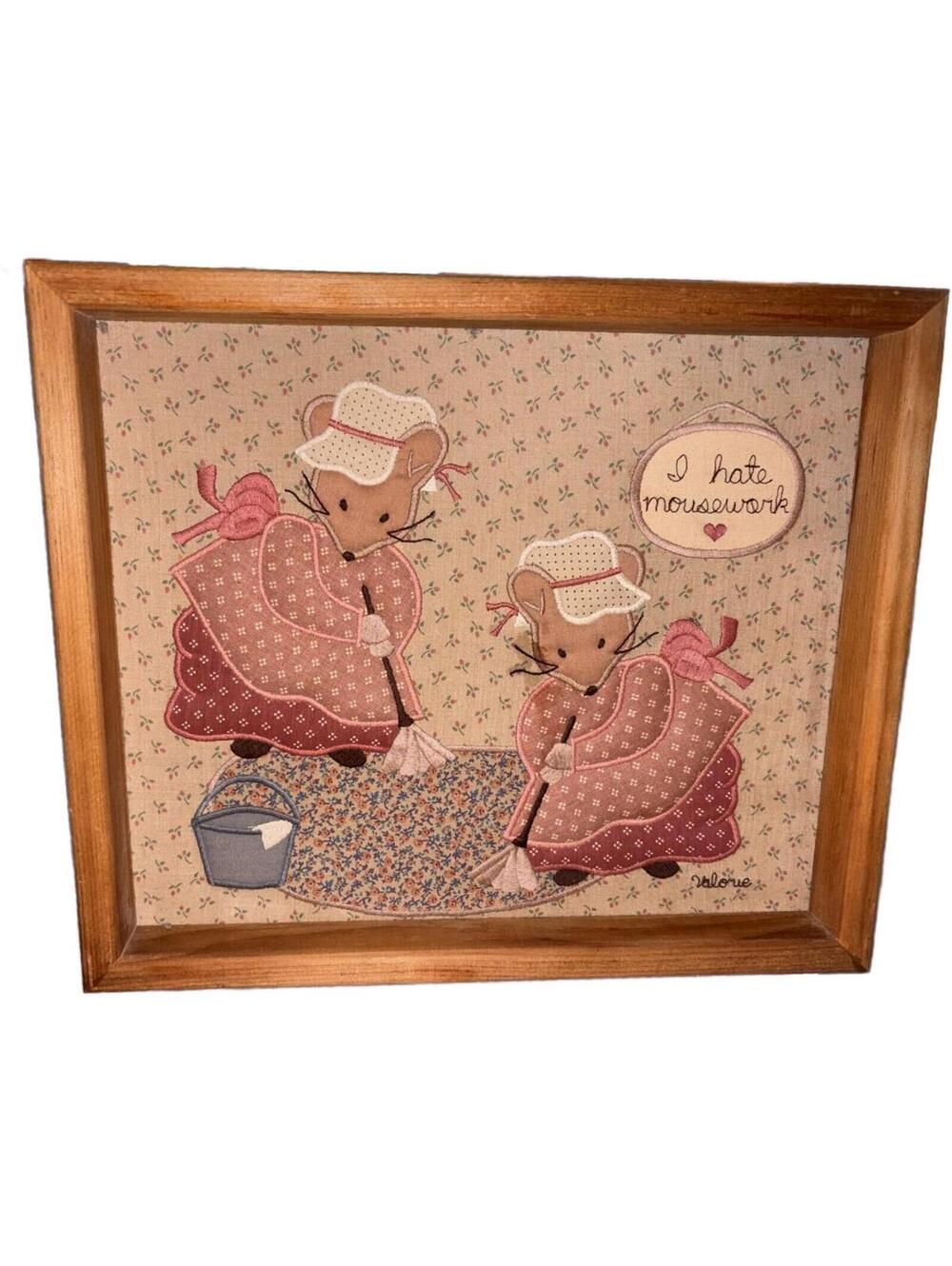 Vintage Embroidered Wall Art with Mice and 'I Hate Mousework' - apx. 14” x 11”
